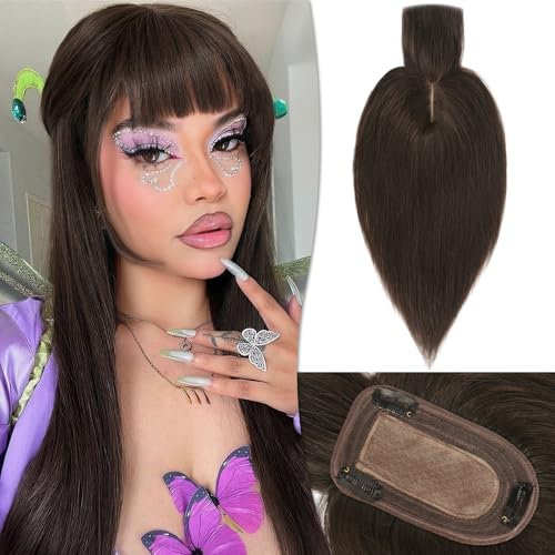 RUWISS Echthaar Hair Topper für Frauen Krone Toppers With Pony Kurze Perücken Haarteile für Dünnes Haar 7.5 * 13CM Silk Base 100% Echtes Menschliches Haar Clip in Topper 35 CM 45g (Dunkelbraun)