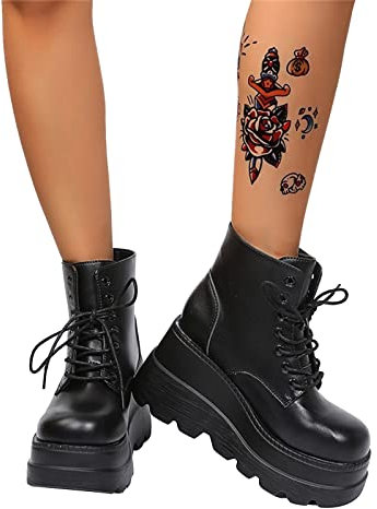 Stivaletti gotici con Plateau da Donna Stivaletti Piatti Tacco Largo Scarpe Punk Stivaletti Stivali da Motociclista con Tacco Grosso