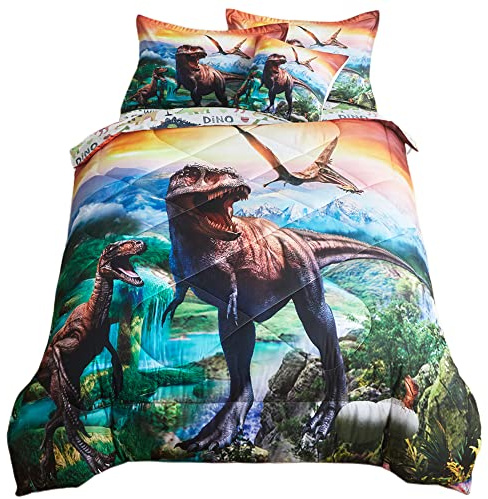 ADASMILE A & S Set di biancheria da letto per bambini con dinosauri, 6 pezzi, set di biancheria da letto con dinosauro, con lenzuola in una borsa, set di biancheria da letto con dinosauro T-Rex e