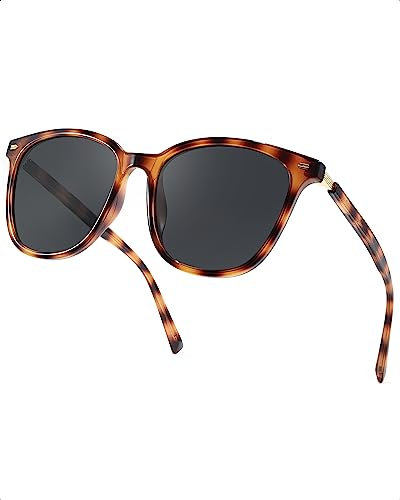 Myiaur Lunettes de soleil polarisées pour femme - Grande taille - Protection UV400 - Lunettes de soleil classiques effet miroir, Cadre écaille de tortue - Verres gris, L