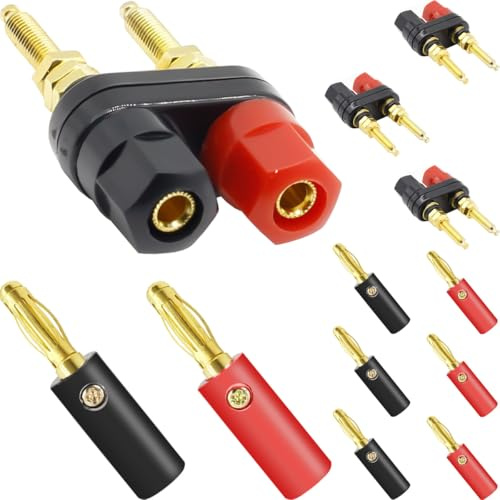 DAOKAI Lengthen Dual Binding Post Speaker Binding Post Power Amplifier,Gold Plated Insulated Terminal,2-Way 4mm Banana connection Socket Red/Black (4 Pack) with Banana Plugs