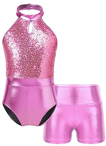 inlzdz Turnanzug Mädchen Pailletten Balletttrikot Turntrikot Kinder Tanz-Body mit Shorts Gymnastikanzug Wettbewerb Performance Tanzkostüm Rosa 122-128