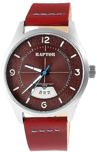 Raptor Falkor Herren-Uhr Leder Armband Datum Dornschließe 5 Bar Analog Quarz RA20376 (rot)