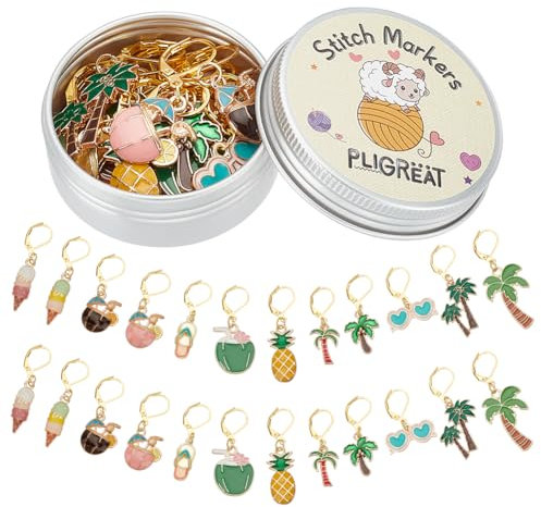 PLIGREAT 24 Stück Häkeln Verriegelung Stich Marker Set - Emaille Kokosnuss Palmen Charms, Stricken Zähler, DIY Ohrringe Halskette Handwerk Schmuck Zubehör - Geschenk für Stricker