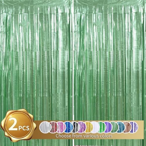 RIBBOOO 2 Pcs Light Green Foil Fringe Tinsel Curtains, Metallic Glitter Curtain, door streamers for Stage, Birthday Wedding Baby Shower, Christmas Party Decoration (3.28 ft x 6.56 ft)