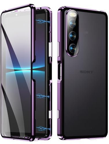 Coque Magnétique Transparent Compatible avec Sony Xperia 10 IV, Cover Magnétique Adsorption 360 Degrés Protection Etui Transparent Verre Trempé Plein écran Housse Bumper Métal Holster Case,Purple