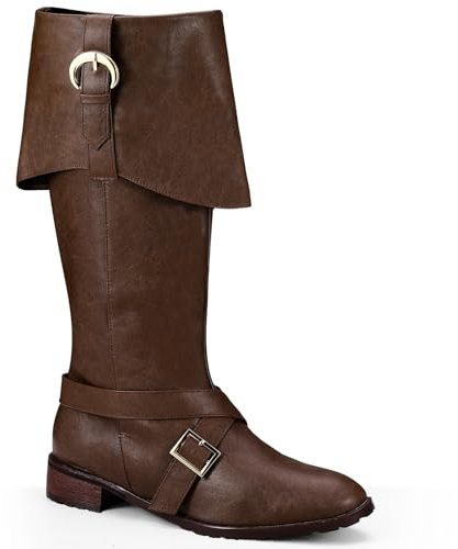 Jiuguva Karibik Piraten Kostüm Stiefel Halloween Renaissance Mittelalter Leder Lange Stiefel für Herren Damen Reiten Cosplay, Braun, 11.5-12.5 Women/10-11 Men