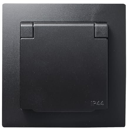 McPower Schutzkontakt-Steckdose IP44 + Rahmen | FLAIR | 250V~/16A, Unterputz Wandsteckdose mit Klappdeckel Spirtzwasserschutz, Steckanschluss, matt Schwarz