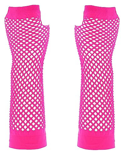 FASHION 7STAR Damen 80er Jahre Disco Party kurz und lang Fischnetz Handschuhe Armband Armreifen Mädchen 1980er Perlenkette Fancy Neon Party Kostüm Zubehör, Pinke lange Handschuhe, One size
