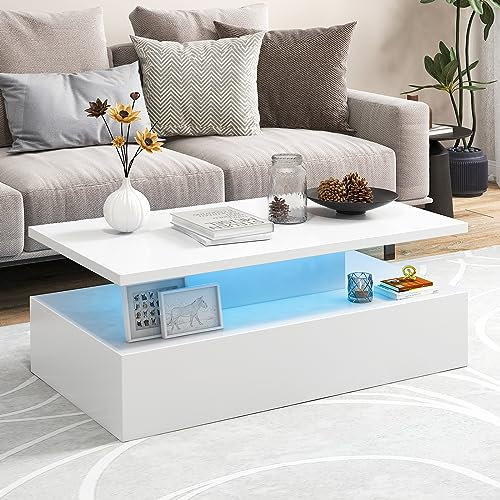GOPLUS Table Basse Laquée LED 20 Lumières, Table Basse Salon 8 Luminosité avec Télécommande, 19 Modes, 110x60x40cm (Blanc, 110x60x40CM)