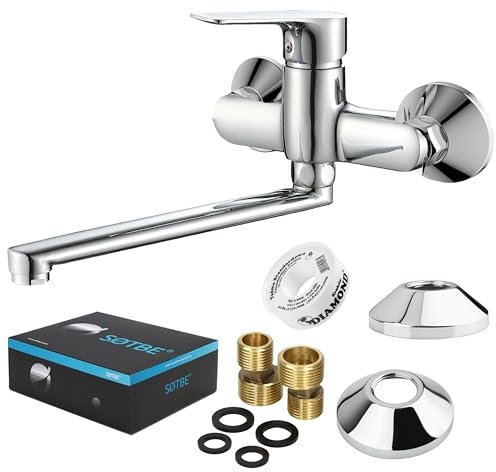 SOTBE Wasserhahn Küche Massiv Messing 1500g - Küchenarmatur Wandmontage Chrom - Mischbatterie mit Keramikkartusche - Wassersparende Spülbecken Armatur Küche - 30 cm Auslauf 360° Drehbar - Komplettset