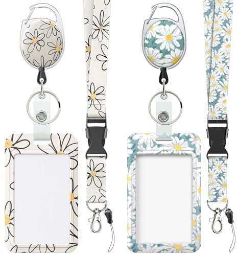 Uniclife 2 Pack Geblümt Schieben Ausweishalter Weiße blaue Blume Kunststoffkoffer mit einziehbarem Badge Reel Karabiner Clip und abnehmbarem Lanyard Strap Hard Vertical Card Protector