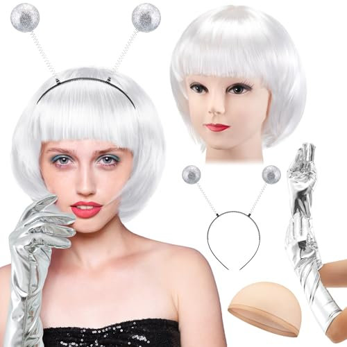 Zomiboo Damen Alien Kostüm Set Metallic Glitzer Alien Stirnband Bob Perücke Damen Alien Haarreif Handschuhe Damen Karneval Space Kostüm Alien Rave Outfit für Cosplay Fasching Party Halloween (Weiß)
