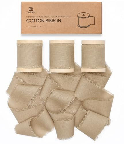 Vitalizart Baumwollband 3,8 cm x 13,7 m Khaki, Handgefertigte Ausgefranste Fransen Stoffbänder für Geschenkverpackungen, Hochzeit Einladungen, Brautsträuße, Weihnachten Dekorationen