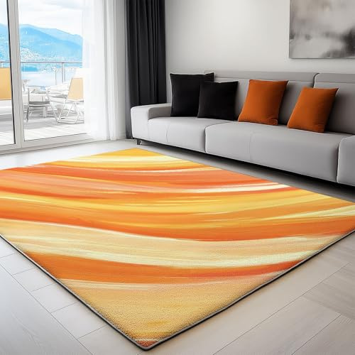 120 x 180 cm Teppich für Wohnzimmer & Schlafzimmer – Weicher Kurzflor mit Schlichte Elegante Linien, waschbar & rutschfest, ideale Fussmatte für Zuhause und Kinderzimmer, Orange Gelb