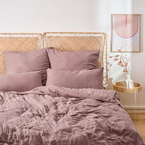 Blumtal Musselin Bettwäsche 155x220 cm + 80x80 cm - Oeko-TEX zert. Bettwäsche Musselin aus 100% Baumwolle - extra weiches Bettwäsche-Set waschbar bei 40 °C - Sommerbettwäsche Violett
