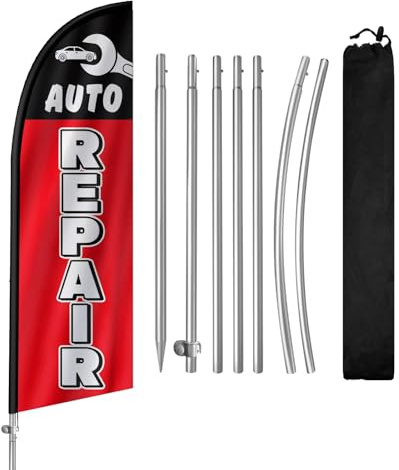 Drapeau publicitaire de réparation automobile avec mât en acier inoxydable, piquet, panneaux de réparation automobile pour entreprises et vitrines de 2,4 m