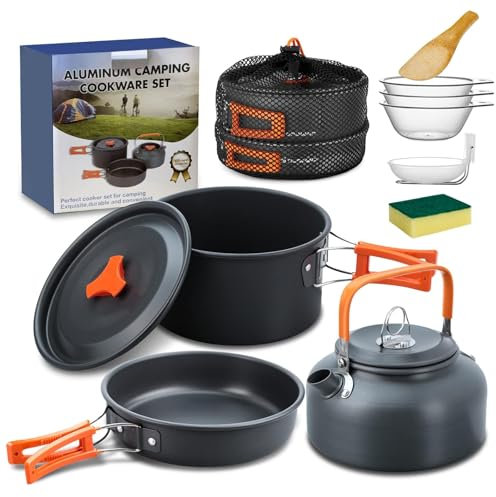 10 PCS Campeggio Pentole Utensili Set per 3-4 Persone, Campeggio Pentole Utensili Set da Cucina, Outdoor Bollitore Padella per Campeggio, Trekking Escursioni Cucina Outdoor e Picnic