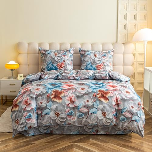 FEBE Bettwäsche Blumiges Bild Bettbezug-Set 140x200cm + Kissenbezug 70x80cm 2 Teilig mit Reißveschluss