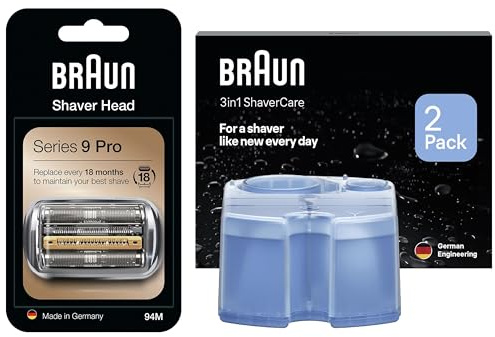 Braun Series 9 Electric Shaver Original Replacement Head, 94M, Braun 3in1 Original Shaver Care Refill Cartridges, Hygienic Cleaning, 2 Pack