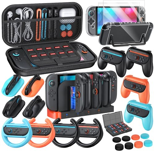 YUANHOT Familienzubehör-Paket für Nintendo Switch 2, 28-in-1-Set mit unverzichtbaren Urlaubsutensilien: Reisetasche für Switch 2, Ladestation für Controller, Schutzhülle, 12 x Griffe für JoyCon2
