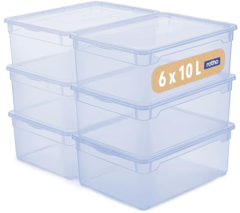 Rotho Clear Aufbewahrungsbox mit Deckel 10 L 6er-Set stapelbar in Blau | Aufbewahrungsboxen im 6er-Set, Stapelboxen mit Deckel, sicher verschließbar, transparent blau, platzsparend, pflegeleicht