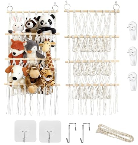 Rzspher 38 cm Breite Kuscheltier Aufbewahrung, 4 Lagen Boho-Macramé-Organizer, Netz Hängematte mit Nahtlosen Nagelhaken und Holzklammern für Kinderzimmer, Wohnzimmer, Schlafzimmer