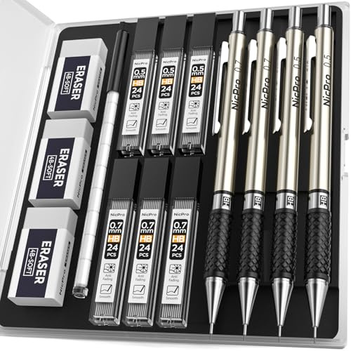 Nicpro 0,5 & 0,7 mm Druckbleistift Set, 4 Stück Metall Zeichenbleistifte, Bleistifte mit 6 HB Minenröhrchen, 3 Radiergummis, 9 Radiergummi-Ersatzminen für Künstler zum Schreiben, Zeichnen, Skizzieren