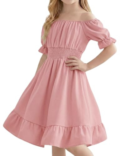 DivingBirds Mädchen Kleid Kurzarm A-Linie Swing Sommerkleid mit Tasche Kinder Frühling Kleider Elegant Geburtstags Party Prinzessinnen Festlicheskleid für Mädchen 11-12 Jahre Rosa