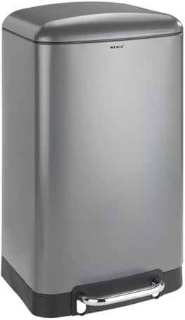 WENKO Küchen Abfalleimer Studio Easy-Close, 30 Liter, großer Mülleimer mit Absenkautomatik, Tretfunktion und herausnehmbaren Einsatz, aus langlebigem Stahl, 34 x 61 x 32,5 cm, Grau mattiert