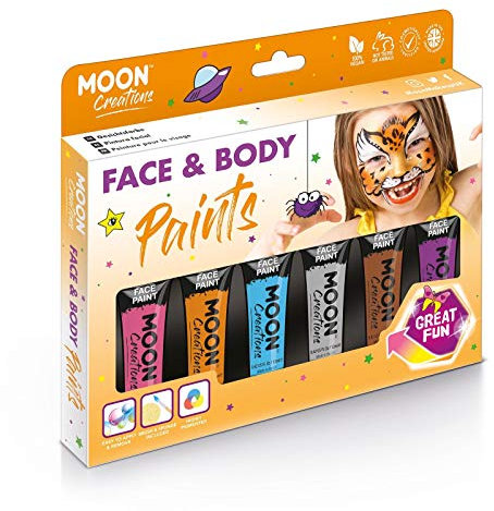 Moon Creations Tubos de pintura facial y corporal | 12ml | Sin escamas | Sin crueldad | Pintura facial para niños, adultos, disfraces, festivales, Halloween Caja de colores de aventura Costumes