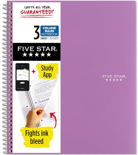 Five Star Spiral Notebook, 3 Subject, College Ruled Paper, 150 Sheets, 11 x 8-1/2, Purple (38746)