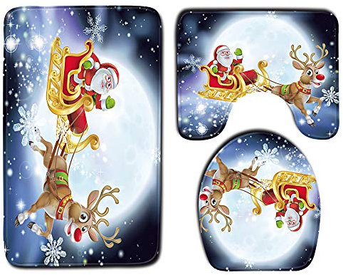 WElinks 3-teiliges Badezimmermatten-Set, Weihnachts-WC-Sitzbezug-Set, Weihnachtsaufkleber, Fußmatte, Badematte, Rutschfester Vorleger, WC-Abdeckung, Weihnachtsdekoration für Zuhause und Badezimmer