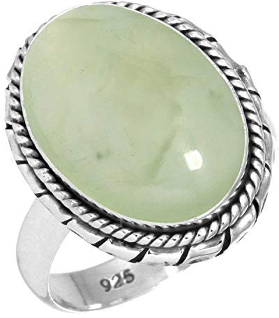 Jeweloporium Grüner Prehnit Silberring Größe 58 (18,5), 925 Sterling Silber Ring für Damen, Echter klobiger ovaler Edelstein Boho Schmuck