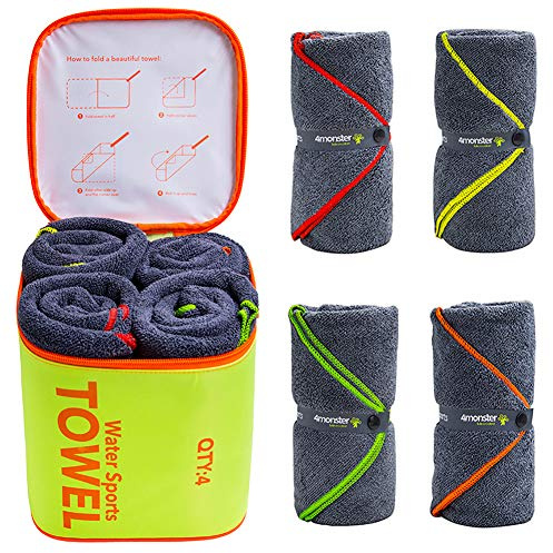 4Monster 4 Pack Microfiber Bath Towel Camping Towel Swimming Towel Sports Towel with Accessory Bag, Quick Dry & Super Absorbent for Travel Gym, Suitable for Adults Kids Family, 24 X 48 Inch