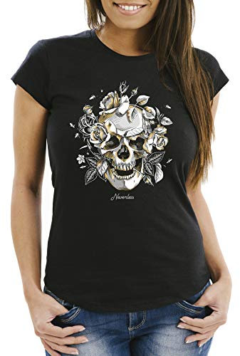 Neverless® Damen T-Shirt Totenkopf Rosen Skull Roses Schädel Slim Fit schwarz XXL