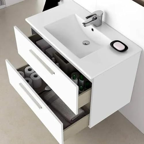 Bagno Italia Mobile arredo bagno sospeso moderno cm 80 con 2 cassettoni lavandino e specchio inclusi bianco o cemento
