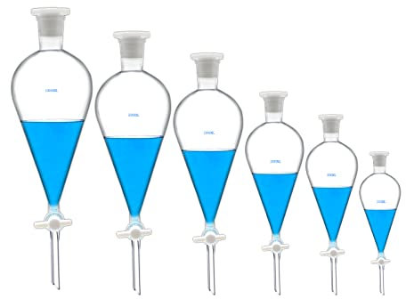 Embudo separador cónico de pared pesada de borosilicato, 60 ml, 125 ml, 250 ml, 500 ml, 1000 ml, con tapón PTFE