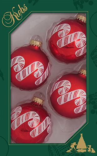 Krebs Glas Lauscha Weihnachtsdekoration/Christbaumschmuck aus Glas - Weihnachtskugeln - Motiv: Rot Zuckerstange - 4 Stück - Größe: ca. 7 cm