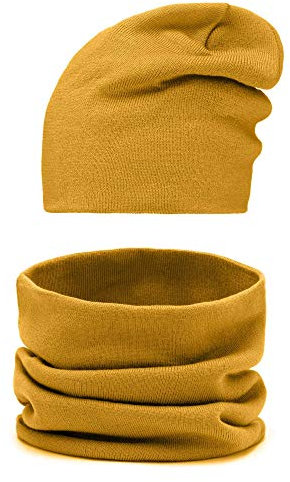 Mikos* Winter Set II Trendige Termo Winter Set Mütze und Loopschal II Schal-Mützen-Kombi Unisex (695) (Senf)