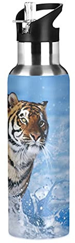 Vnurnrn Kunst Niedlichen Tier Tiger Trinkflasche Wasserflasche mit Strohhalm 600ML, Thermosflasche Vakuumisolierte aus Edelstahl 18/8, BPA-frei für Kinder Sport Wandern Schule