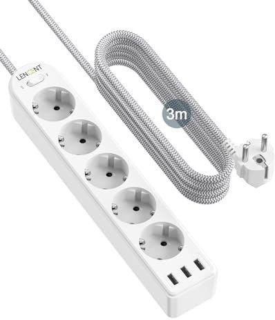 LENCENT Regleta Enchufes de 5 Tomas Corrientes y 3 USB 4000W, Regleta Multiples con Interruptor,Surge Strip con Protección contra Sobrecargas,Montaje en Pared con Cable 3M Cualquier Entorno