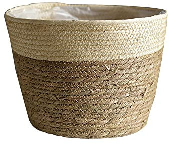 Koomuao - Maceta de paja, cesta para plantas trenzada, cesta de almacenamiento para macetas de junco de mar, cesta de jardinera para plantas suculentas, decoración interior o exterior (beige, mediano)