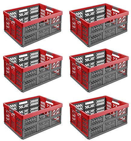 6X Stabile Profi Klappbox 45L - 54 x 37 x 28 cm - Einkaufskiste klappbar mit Soft-griffe - Transportkiste stapelbar Rot/Anthrazit