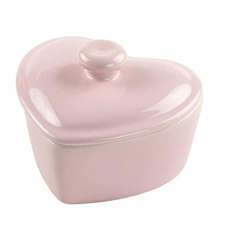 Bicuzat Heart-Shaped Dessert Bowl with Lid Ceramic Baking Bowl Rice Bowl-5 OZ-Pink