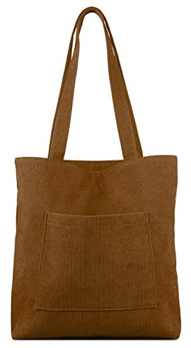 Kememo Cord Tasche Damen Umhängetasche mit Reißverschluss, Schultertaschen Handtasche Shopper Tasche für Arbeit Büro Reisen Einkaufen Schule und Alltag, Braun