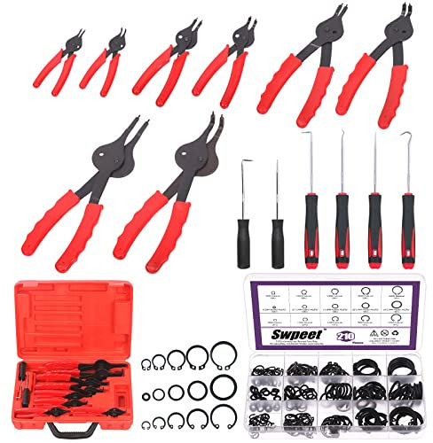 Swpeet 225pcs Snap Ring Zange Set, 11pcs gerade & gebogen Haltering Zangen mit Fall, 5 Größe externe interne Circlip Retainer Ringe Set mit Gummi Waschmaschine Haken & Pick für Auto Kofferraum