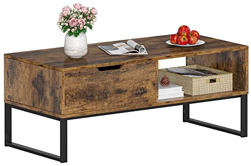 fevarbord Table Basse Industrielle Table de Salon avec Tiroir Meuble TV Rustique Marron en Bois et Métal 106x48x43cm