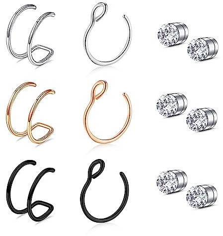 12 Stück Fake Nasenringe,Kucheed Magnetische Nasenstecker Double Gefälschte Nasenringe Hoop Ohrmanschetten,Fake Septum Ringe Nasenpiercing Nose Hoop Ohrstecker,Wendel Knorpel Falscher Piercing Schmuck