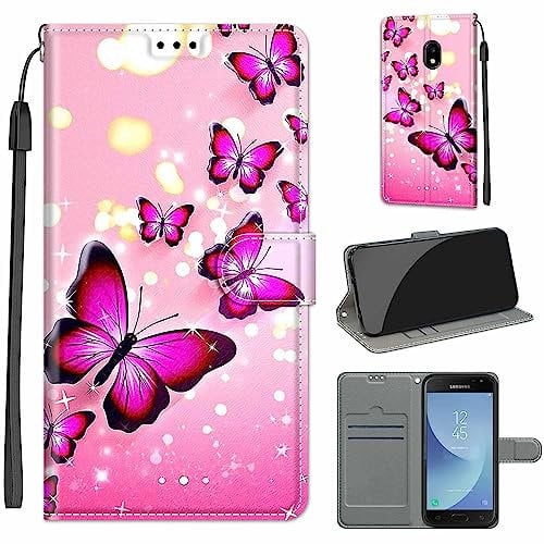 for Samsung Galaxy J3 2017 Case, PU Leather Wallet Book Flip Folio Stand View Cover Pouch Compatible with Samsung J3 2017 Phone Case (Pink Butterfly)